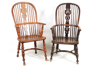 Lot 995 - TWO 19TH CENTURY YEW-WOOD HIGH BACK WINDSOR CHAIRS