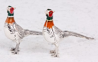 Lot 159 - A PAIR OF SILVER AND ENAMEL PHEASANTS with...