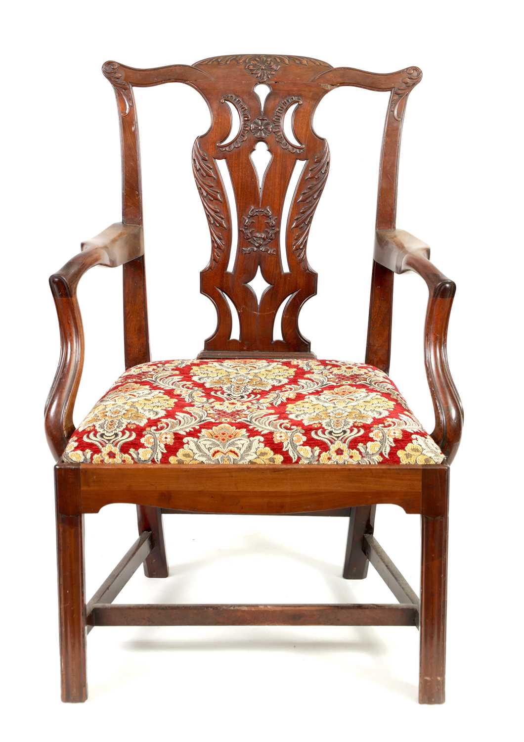 Lot AN 18TH CENTURY CARVED MAHOGANY OPEN ARMCHAIR IN THE CHIPPENDALE STYLE