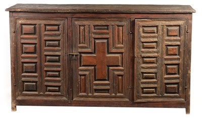 Lot 1007 - A LARGE 17TH CENTURY SPANISH BAROQUE GEOMETRIC PANELLED SIDE CABINET