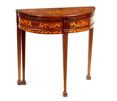 Lot 1017 - AN 18TH CENTURY DUTCH WALNUT AND MARQUETRY DEMI LUNE CARD TABLE