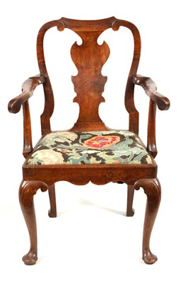 Lot 956 - A FINE 18TH CENTURY TAPESTRY UPHOLSTERED WALNUT OPEN ARMCHAIR