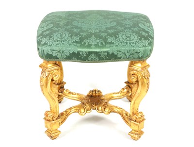 Lot 1013 - AN 18TH CENTURY CARVED GILTWOOD STOOL WITH 18TH-CENTURY SILK DAMASK SEAT