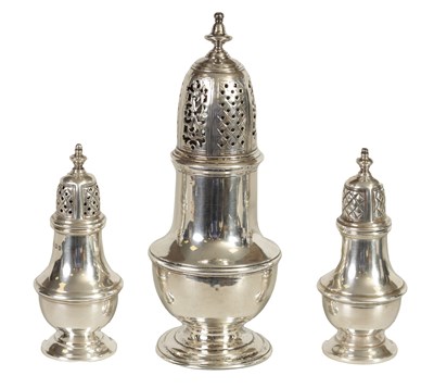 Lot 362 - A GEORGE II SILVER SUGAR CASTER AND PAIR OF LATER SILVER PEPPERETTES