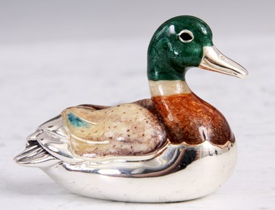 Lot 172 - A SILVER AND ENAMEL DUCK with green enamelled...