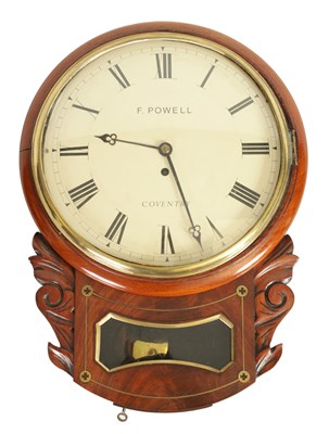 Lot 834 - F. POWELL, COVENTRY. A 19TH CENTURY FIGURED MAHOGANY FUSEE WALL CLOCK