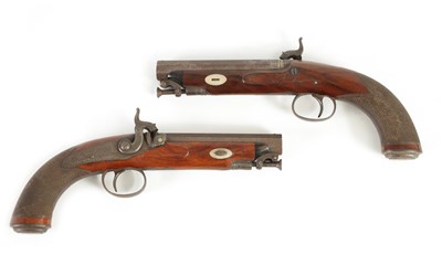 Lot 391 - A CASED PAIR OF EARLY 19TH CENTURY PERCUSSION PISTOLS BY MOORE, LONDON.