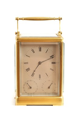 Lot 811 - BERROLLA, A PARIS. A MID 19TH CENTURY GILT BRASS QUARTER STRIKING CARRIAGE CLOCK WITH CALENDAR.