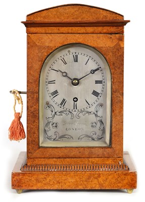 Lot 715 - BROCKBANK, LONDON. A SMALL MID 19TH CENTURY ENGLISH AMBOYNA  FUSEE MANTEL CLOCK