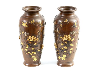 Lot 246 - A GOOD PAIR OF JAPANESE MEIJI PERIOD MIXED METAL AND BRONZE CABINET VASES