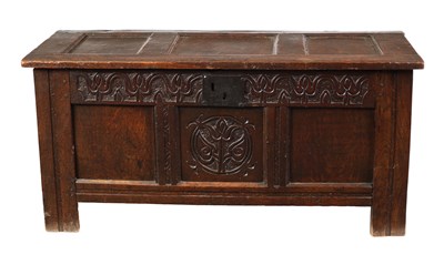 Lot 1412 - A 17TH CENTURY JOINED OAK COFFER OF SMALL SIZE