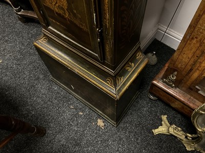 Lot 738 - JOSEPH ROSE & SON LONDON. A GEORGE III GREEN LACQUER CHINOISERIE DECORATED EIGHT-DAY LONGCASE CLOCK