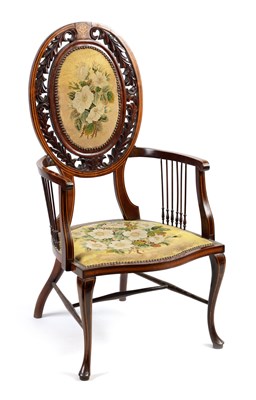 Lot 1051 - AN EDWARDIAN INLAID ROSEWOOD ARMCHAIR WITH TAPESTRY UPHOLSTERY