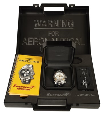 Lot 285 - BREITLING EMERGENCY. A STAINLESS STEEL QUARTZ CALENDAR WRISTWATCH WITH MICRO ANTENNAE FOR AVIATION EMERGENCY