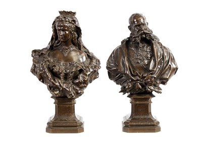 Lot 558 - A FINE PAIR OF 19TH CENTURY BRONZE BUSTS OF FRAN JOSEPH OF AUSTRIA AND WIFE