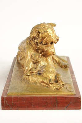 Lot 591 - CHARLES PAILLET (1871 - 1937). A LATE 19TH CENTURY GILT BRONZE SCULPTURE OF A RECUMBENT DOG WITH CAT