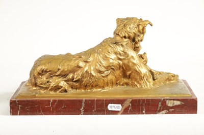 Lot 591 - CHARLES PAILLET (1871 - 1937). A LATE 19TH CENTURY GILT BRONZE SCULPTURE OF A RECUMBENT DOG WITH CAT