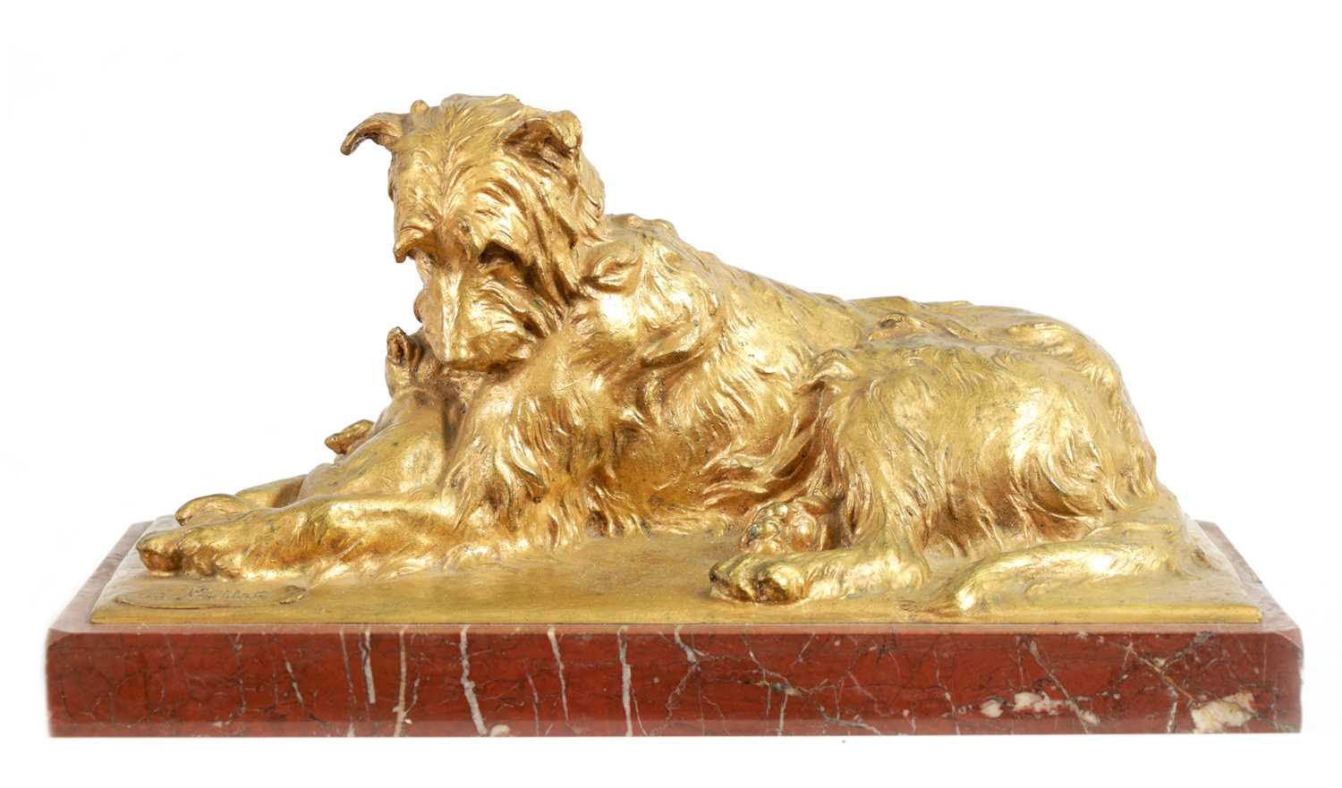 Lot 591 - CHARLES PAILLET (1871 - 1937). A LATE 19TH CENTURY GILT BRONZE SCULPTURE OF A RECUMBENT DOG WITH CAT