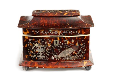 Lot 850 - A 19TH CENTURY BOW-FRONTED TORTOISESHELL, IVORY AND MOTHER OF PEARL INLAID TEA CADDY