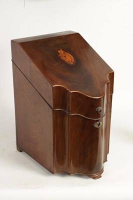 Lot 884 - A GEORGE III FLAME MAHOGANY INLAID SERPENTINE FRONTED KNIFE BOX