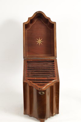 Lot 884 - A GEORGE III FLAME MAHOGANY INLAID SERPENTINE FRONTED KNIFE BOX