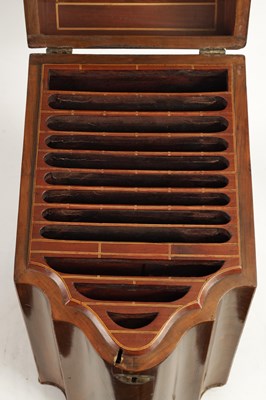 Lot 884 - A GEORGE III FLAME MAHOGANY INLAID SERPENTINE FRONTED KNIFE BOX