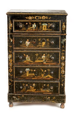 Lot 1042 - A 19TH CENTURY FRENCH LACQUERWORK AND MOTHER OF PEARL INLAID CHINOISERIE DECORATED COLLECTORS CHEST