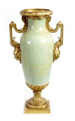 Lot 158 - AN IMPRESSIVE 19TH CENTURY CHINESE CELADON PORCELAIN TAPERING VASE WITH GILT BRONZE MOUNTS