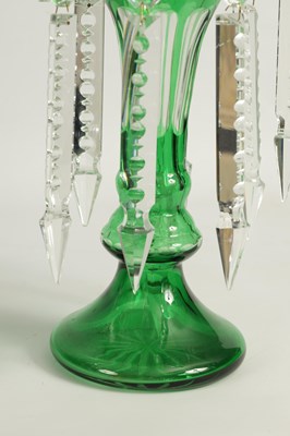 Lot 22 - A PAIR OF 19TH CENTURY GREEN AND CLEAR GLASS LUSTRES