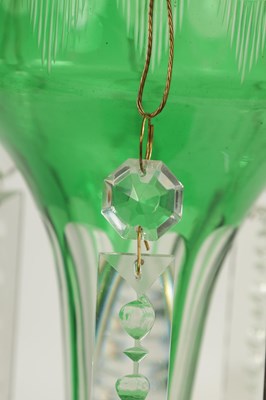 Lot 22 - A PAIR OF 19TH CENTURY GREEN AND CLEAR GLASS LUSTRES