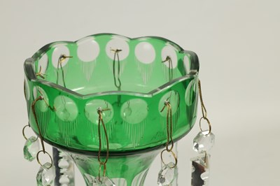 Lot 22 - A PAIR OF 19TH CENTURY GREEN AND CLEAR GLASS LUSTRES
