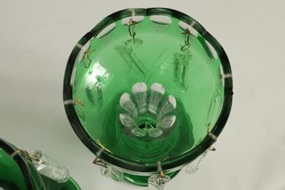 Lot 22 - A PAIR OF 19TH CENTURY GREEN AND CLEAR GLASS LUSTRES