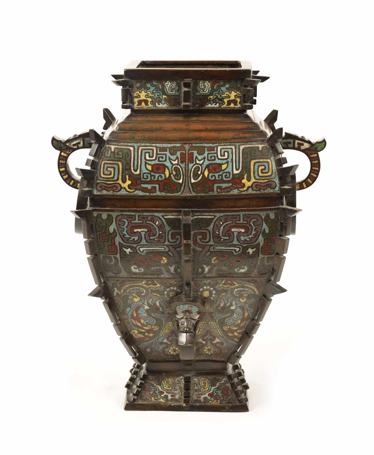 Lot 78 - A RARE AND LARGE CHINESE CLOISONNE AND BRONZE RITUAL WINE VESSEL, FANGYI