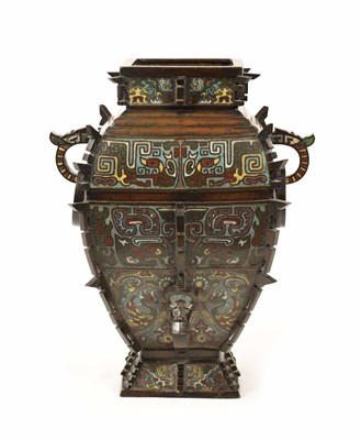 Lot 259 - A RARE AND LARGE CHINESE CLOISONNE AND BRONZE RITUAL WINE VESSEL, FANGYI