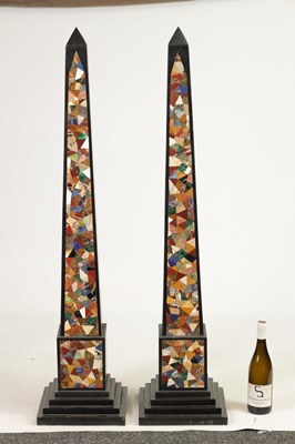 Lot 533 - A MASSIVE PAIR OF 20TH CENTURY BLACK SLATE AND SPECIMEN MARBLE OBELISKS