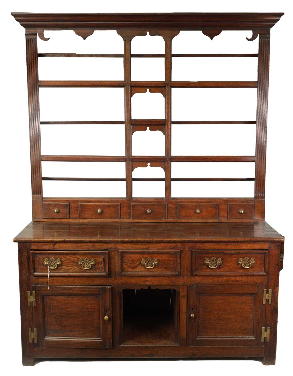 Lot 818 - AN EARLY 18TH CENTURY OAK 'DOG KENNEL' DRESSER AND RACK