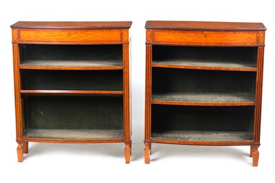 Lot 943 - A FINE PAIR OF GEORGE III FIGURED SATINWOOD AND KINGWOOD CROSS-BANDED BOW-FRONT OPEN BOOKCASES