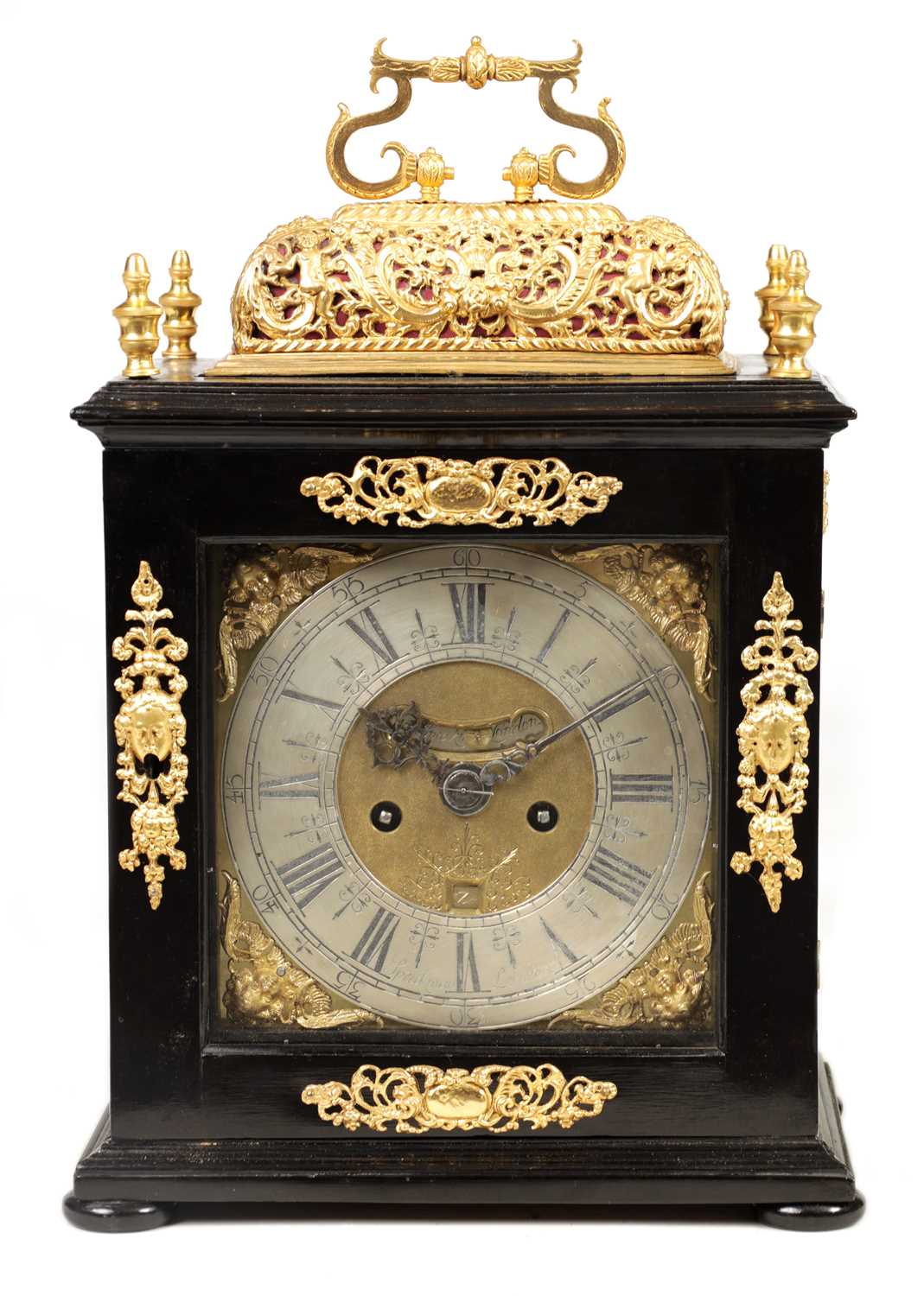 Lot 779 - WILLIAM SPEAKMAN, LONDON A WILLIAM AND MARY EBONISED GILT BRASS MOUNTED BASKET TOP BRACKET CLOCK