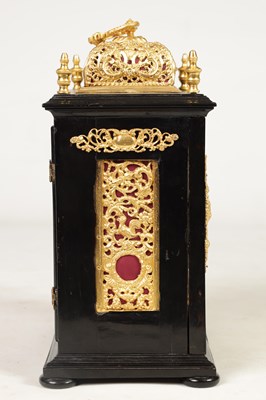 Lot 779 - WILLIAM SPEAKMAN, LONDON A WILLIAM AND MARY EBONISED GILT BRASS MOUNTED BASKET TOP BRACKET CLOCK