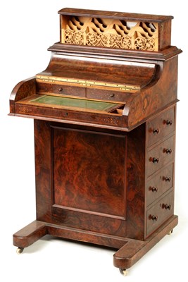 Lot 967 - A 19TH CENTURY FIGURED WALNUT AND BOXWOOD INLAID 'PIANO TOP' DAVENPORT