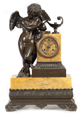 Lot 769 - AN EARLY 19TH CENTURY FRENCH FIGURAL BRONZE AND SIENNA MARBLE MANTEL CLOCK
