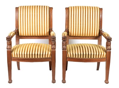 Lot 920 - A PAIR OF REGENCY STYLE FRENCH MAHOGANY UPHOLSTERED ARMCHAIRS