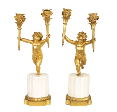 Lot 492 - A PAIR OF 18TH/19TH CENTURY BRONZE AND ORMOLU CANDELABRA