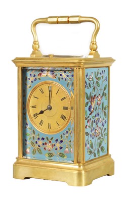 Lot 825 - A LATE 19TH CENTURY FRENCH GILT BRASS AND CLOISONNE ENAMEL REPEATING CARRIGE CLOCK