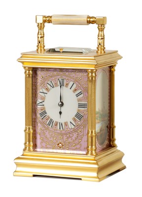 Lot 732 - A LATE 19TH CENTURY FRENCH HILT BRASS AND PORCELAIN PANELLED REPEATING CARRIAGE CLOCK