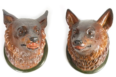 Lot 545 - A PAIR OF LATE 19TH CENTURY POLYCHROME TERRACOTTA FOX HEADS
