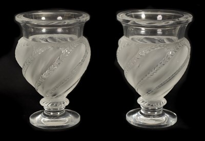 Lot 28 - A PAIR OF LALIQUE FROSTED AND CLEAR GLASS “ERMENONVILLE” VASES