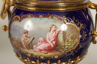 Lot 61 - A FINE PAIR OF 19TH CENTURY ORMOLU AND SEVRES PORCELAIN TWO HANDLED VASE AND COVERS