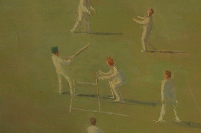 Lot 610 - FRED DUBERY (1926-2011). A 20TH CENTURY OIL ON CANVAS DEPICTING A CRICKETING LANDSCAPE