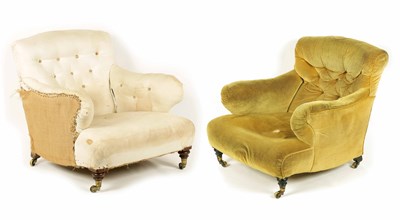 Lot 1186 - TWO LATE 19TH CENTURY HOWARD STYLE BUTTON UPHOLSTERED LOW SEATED ARMCHAIRS